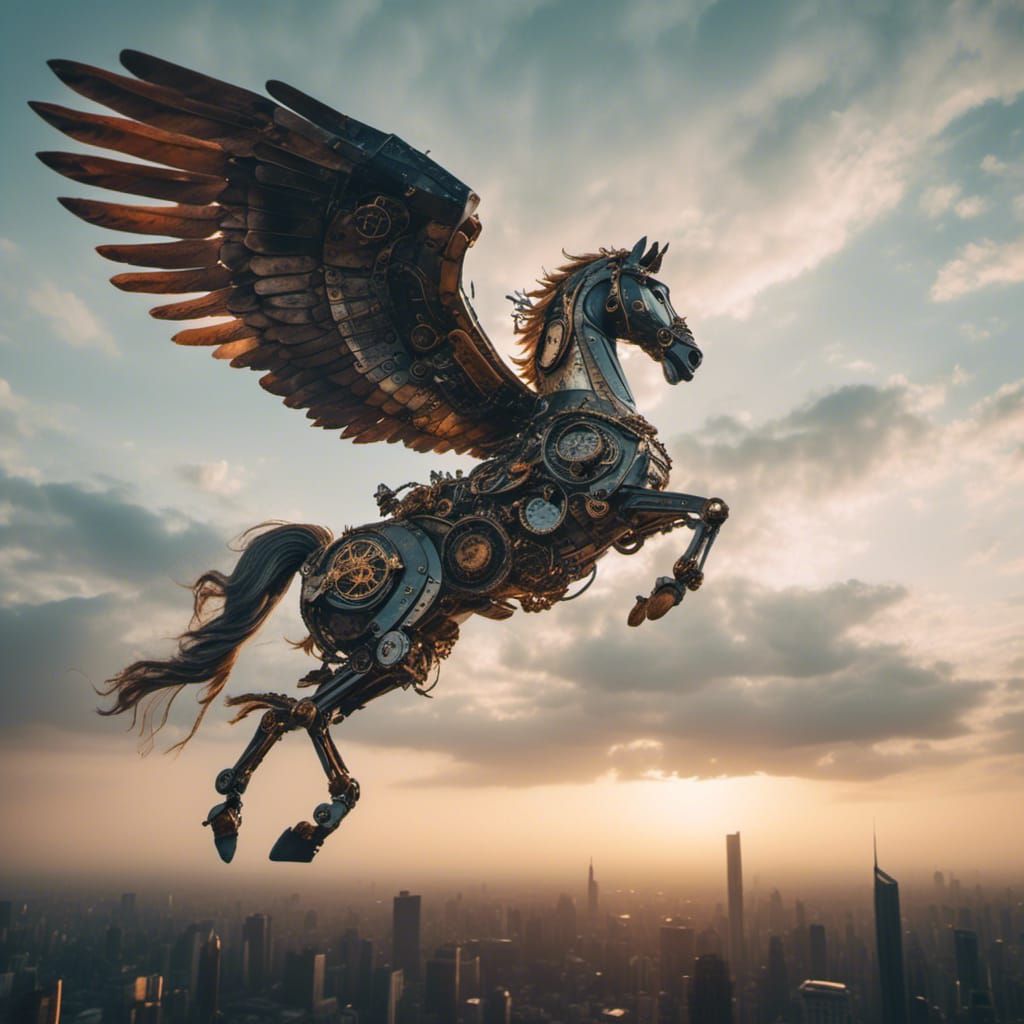 Mechanical Pegasus Soaring at Dusk: Cinematic Still