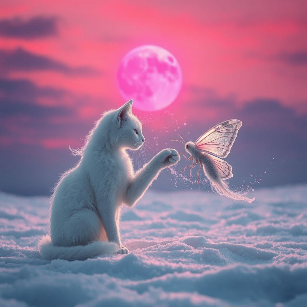 Ethereal Ash Cat and Moth in Winter Landscape