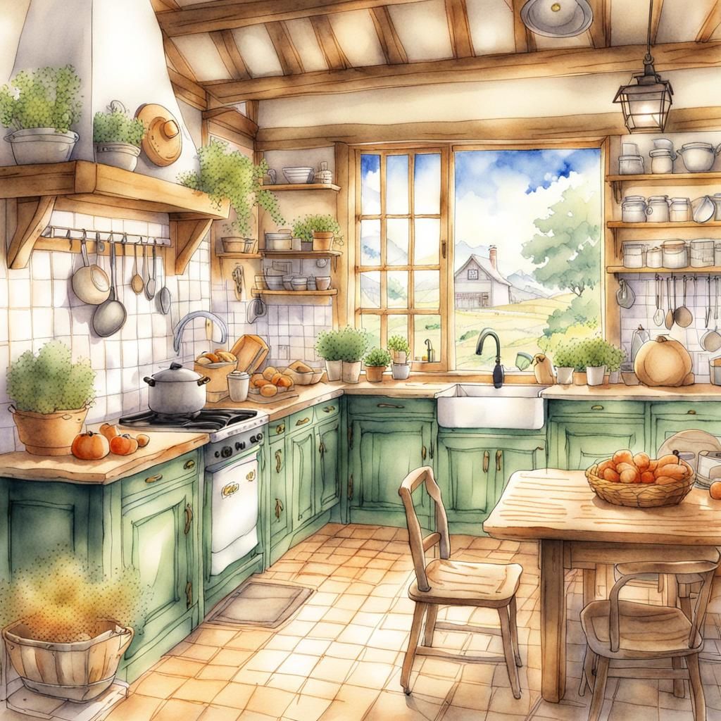 Cozy Country Kitchen in Anime Watercolor Style