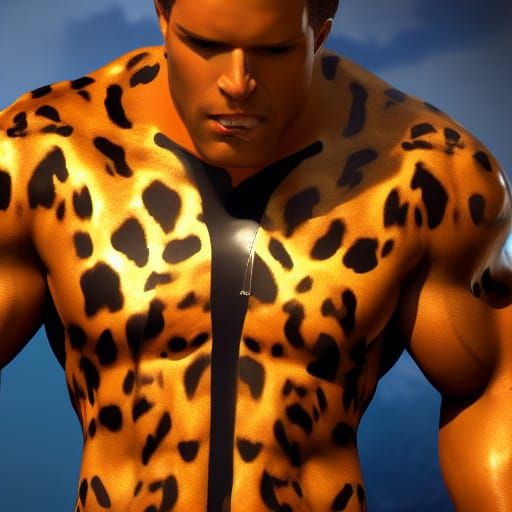 Happy Muscular Man in Cheetah Latex Suit