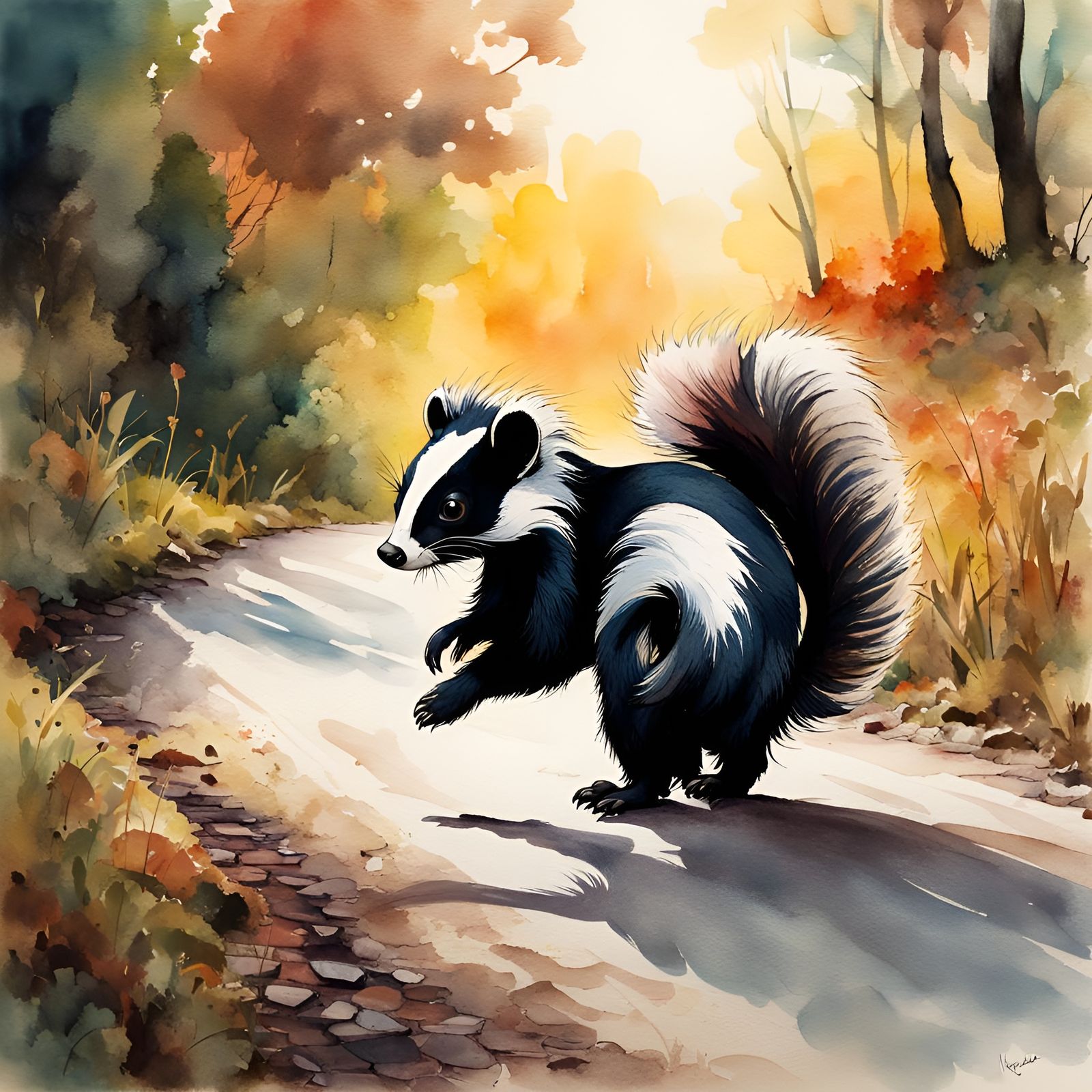 Skunk on Country Road in Watercolor and Ink