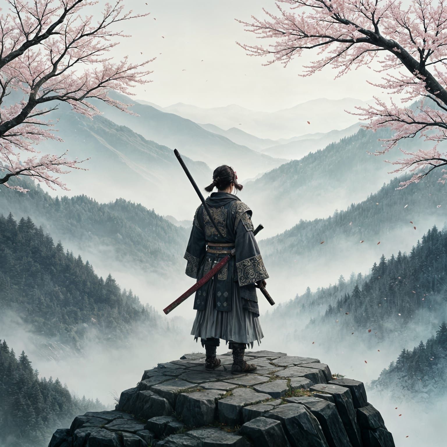 Lone Samurai Warrior on Mist-Shrouded Peak