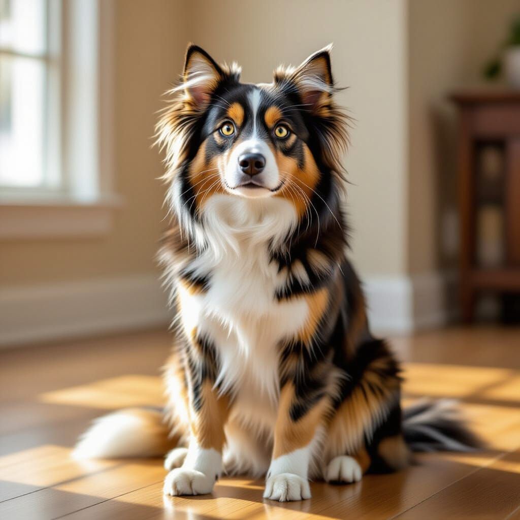 Realistic Dog-Cat Hybrid Creature Sitting Attentively