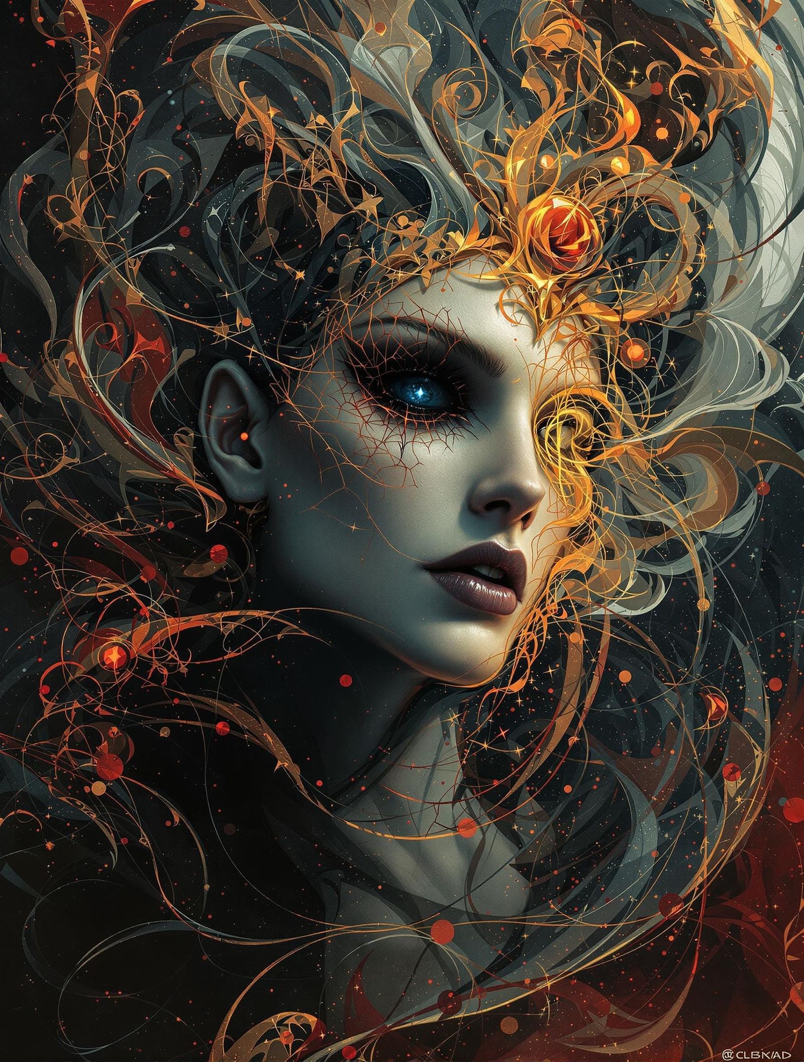 Baroque Vampire Portrait with Fractals and Gothic Architectu...