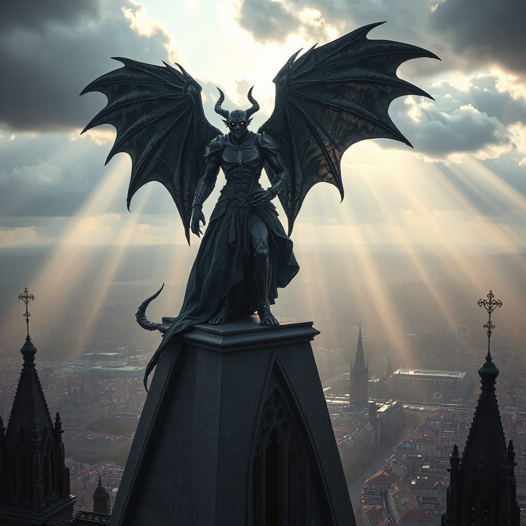 Dark Gargoyle Angel Overlooking Gothic Cathedral