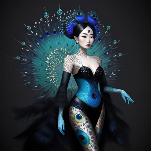 Abstract Portrait of Asian Woman with Peacock Feathers