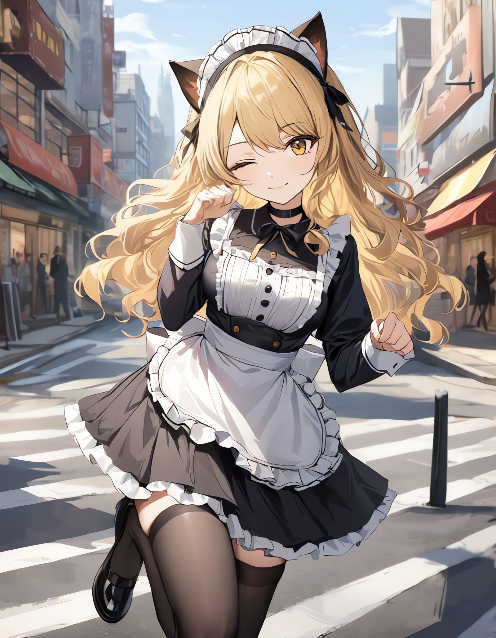 Cowgirl Cat Girl in Maid Outfit Stands Out in City
