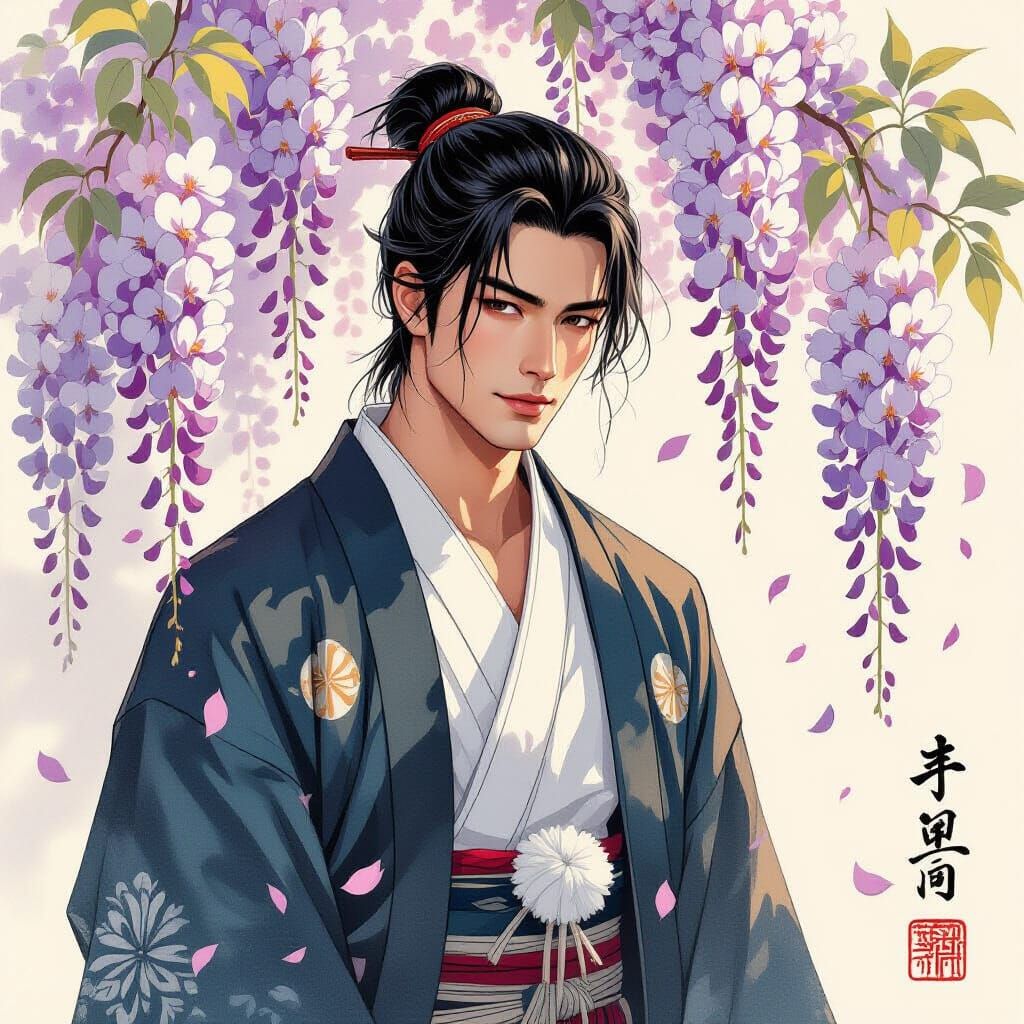 Muscled Man in Wisteria Garden, Ukiyo-e Style