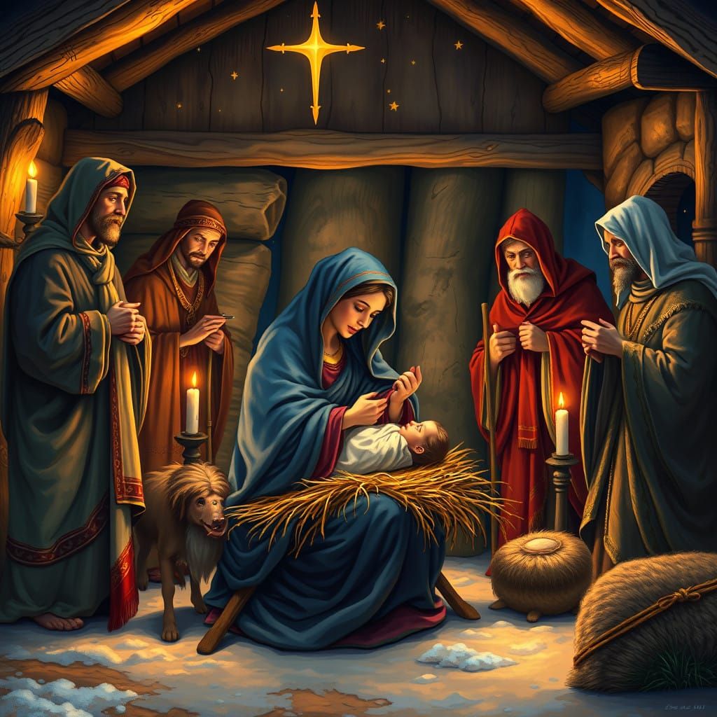 Serene Nativity Scene in Traditional Realism Style
