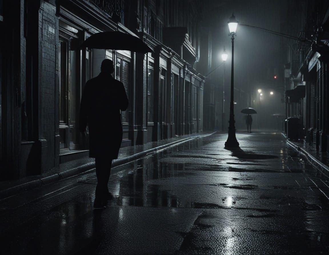 Mysterious Noir Figure Walks Rainy City Street at Night