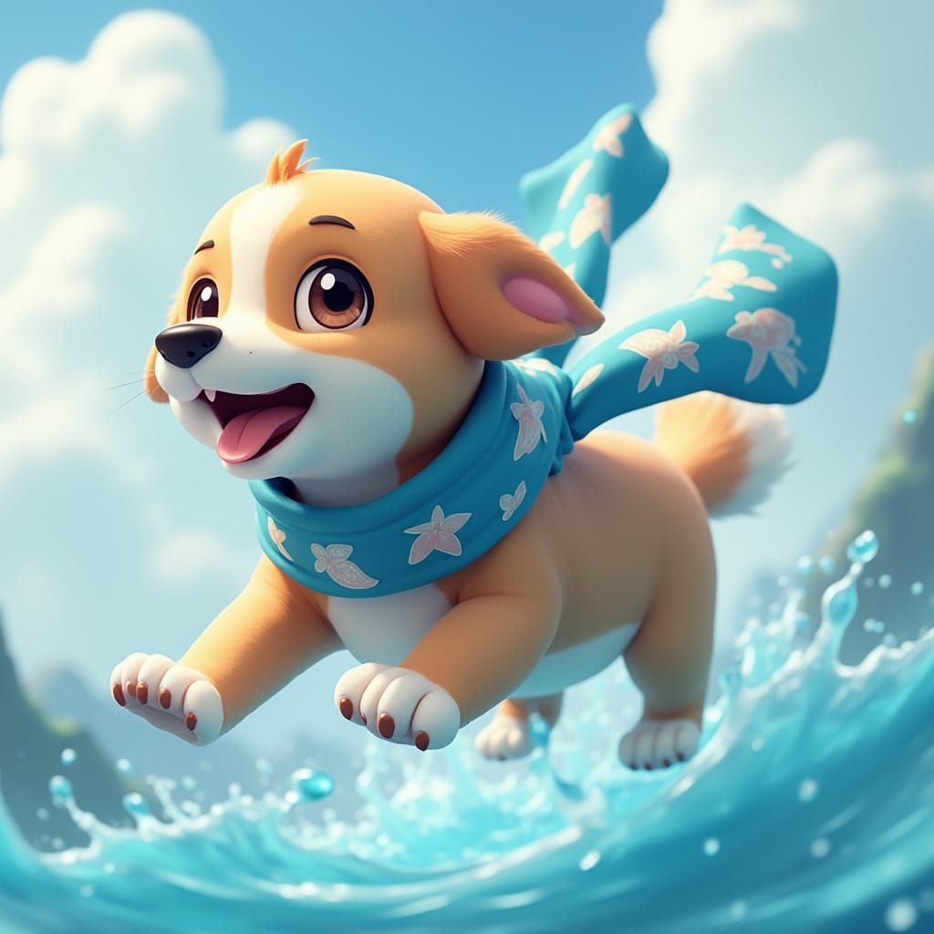 Dog Soaring with Aquatic Scarf in Anime Style