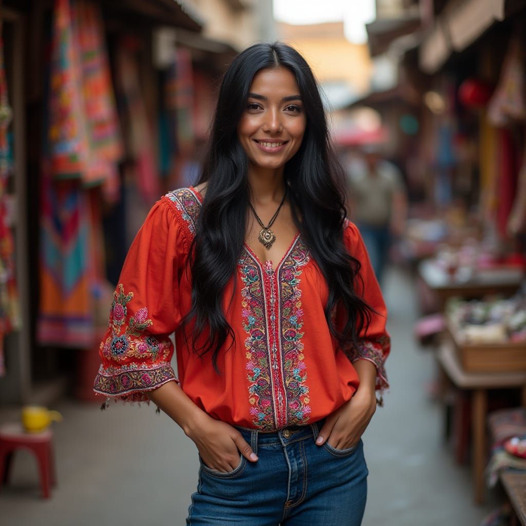 Mexican Woman in Marketplace: Hyperrealistic Photography