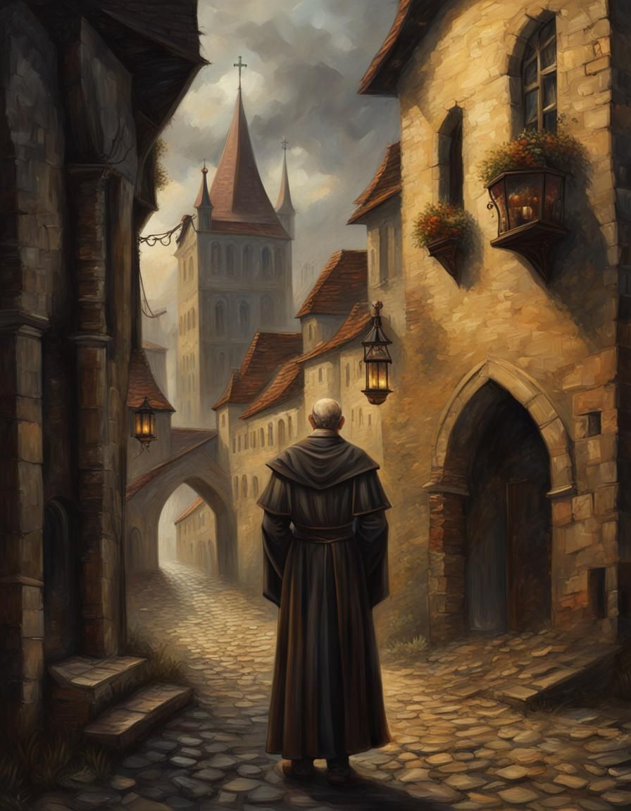 Medieval Priest in City as Detailed Oil Painting