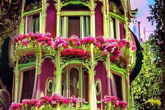 Art Nouveau Rococo Architecture with Morning Flowers