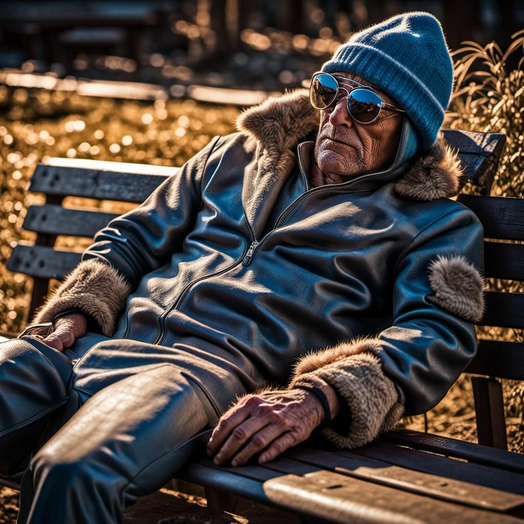 Superhero Hancock Sleeping on Bench in Psychedelic Art Style