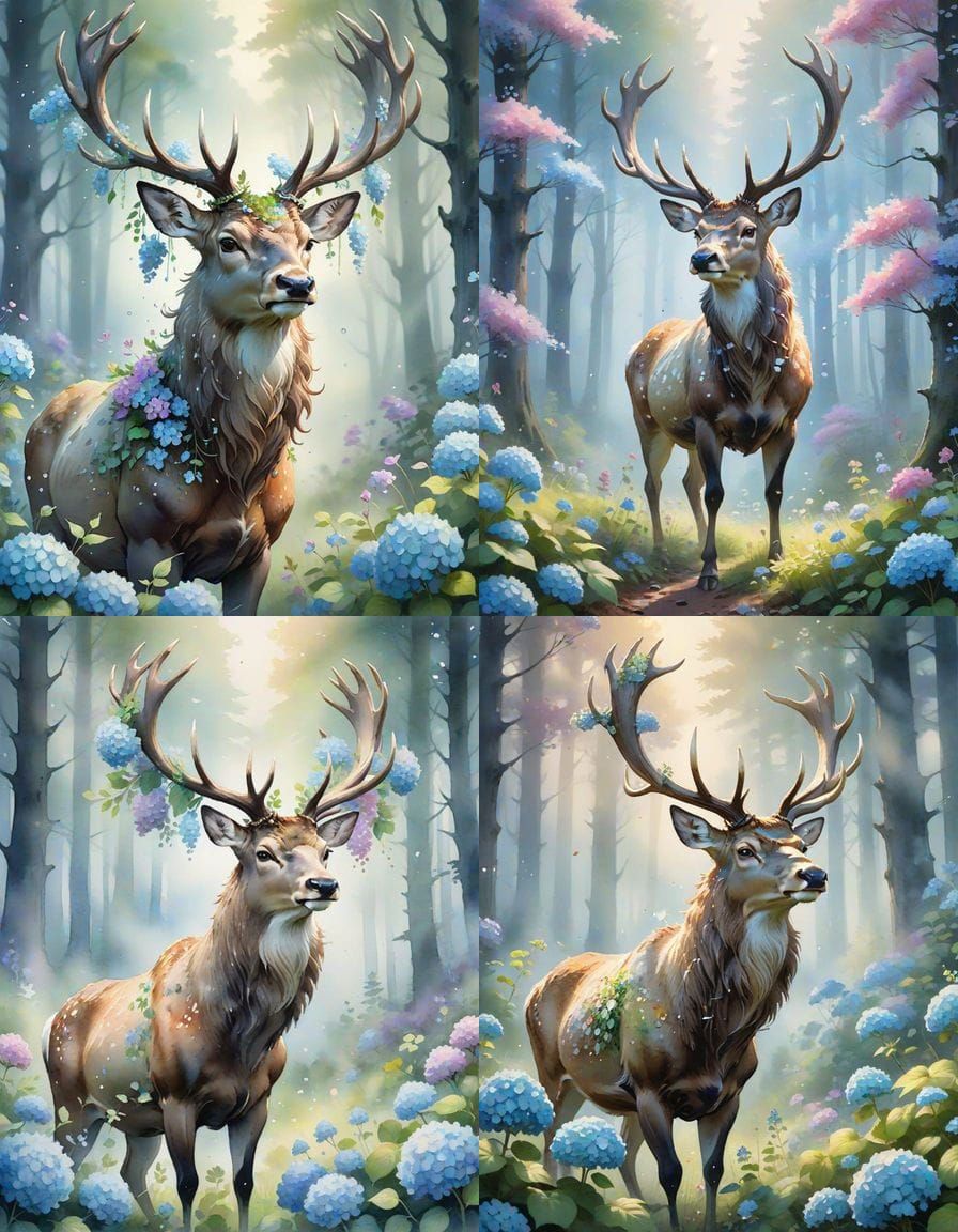 Stag with Hydrangea Antlers in Watercolor Style