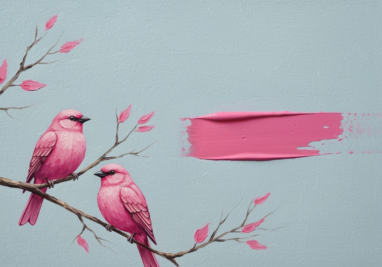 Zen Abstract Landscape with Pink Birds in Oil Paint Style