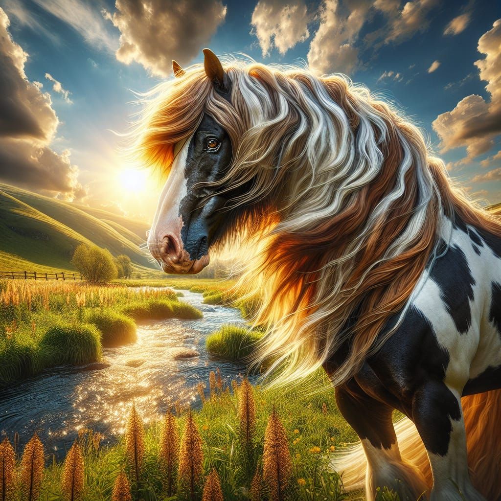 Gypsy Vanner Stallion at Sunset in Spring Meadow