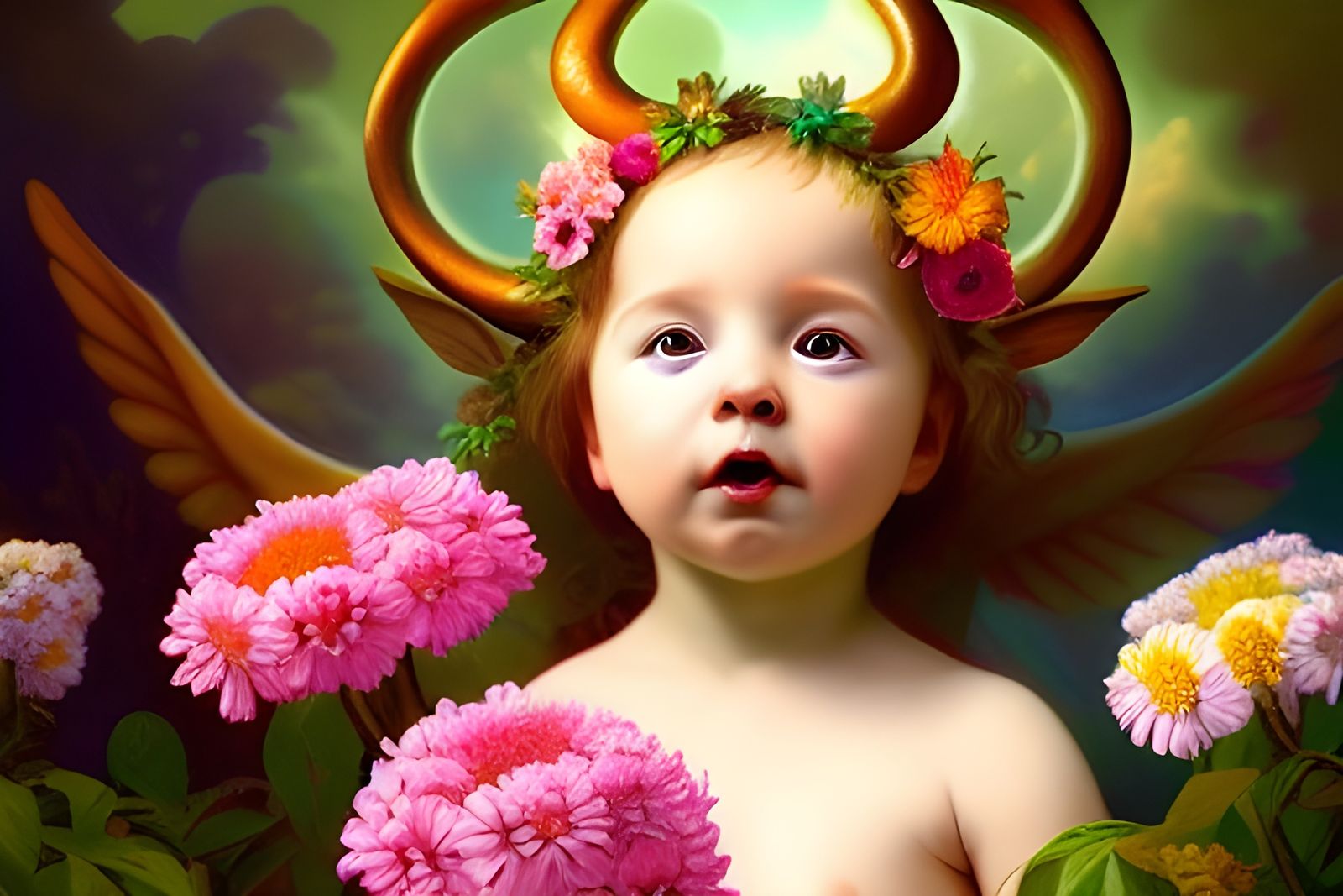 Baby Baphomet in Garden: Hyperrealistic Digital Art