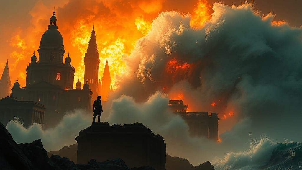 Atlantis in Flames: A Distant Figure Stands Amidst the Ruin