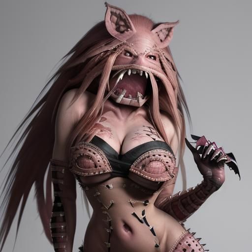 Bioconstructed Woman with Predatory Jaws and Stitched Body