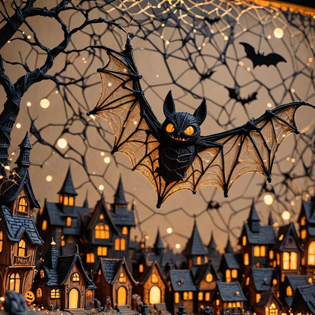 Chibi Bat Flying Over Halloween Town as String Art