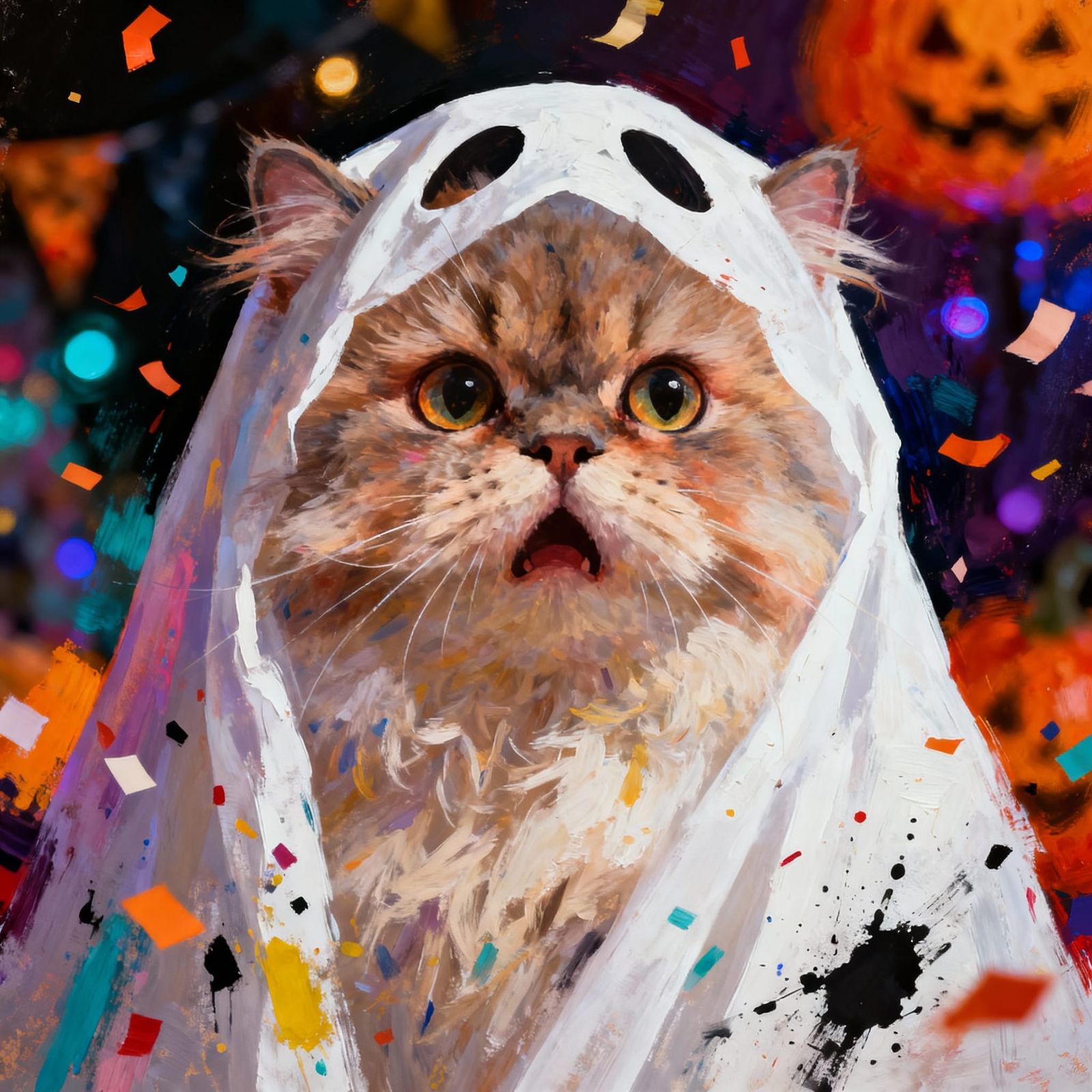 Startled Persian Cat in Ghostly Sheet, Abstract Expressionis...