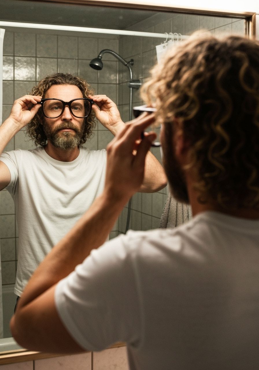 Man Adjusts Grandpa Glasses in Grimy Bathroom Mirror