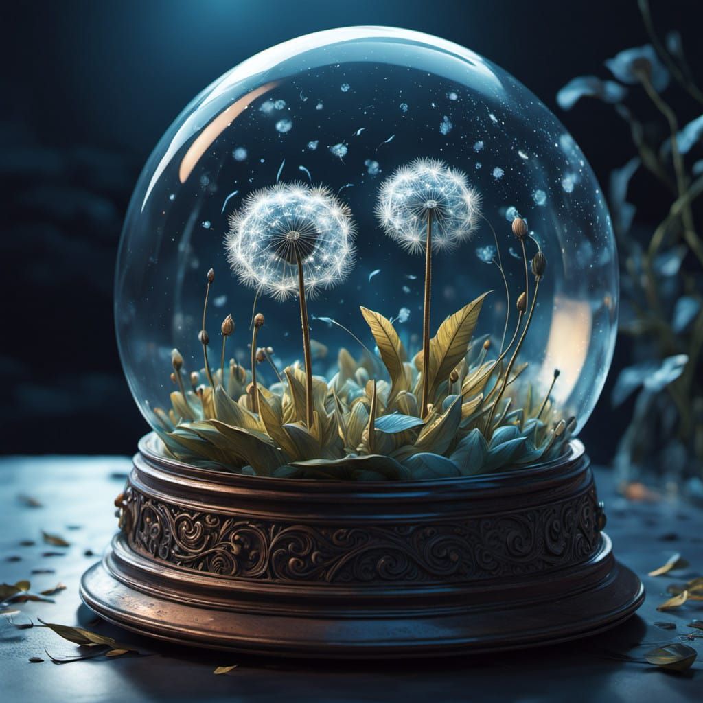 Golden Dandelion in Whimsical Snowglobe Scene