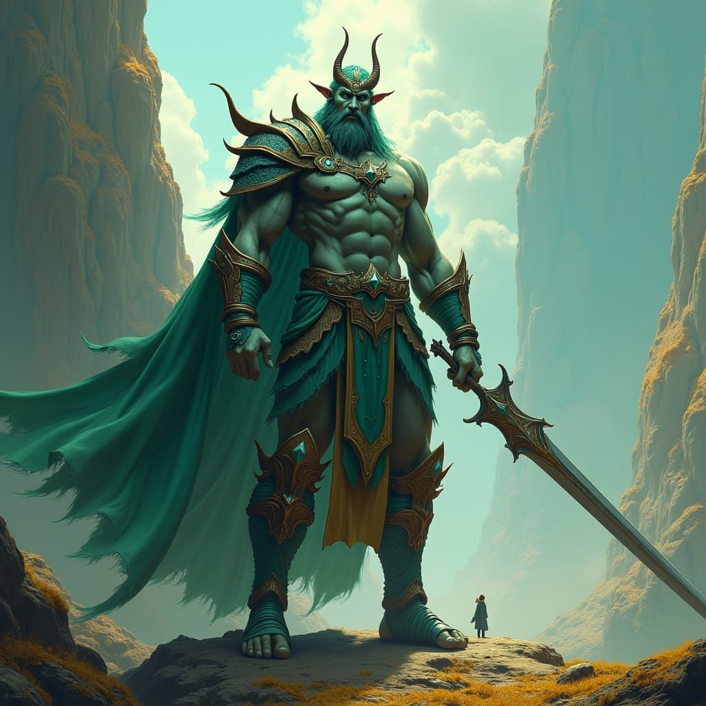 Majestic God-Like Figure in Fantasy Landscape