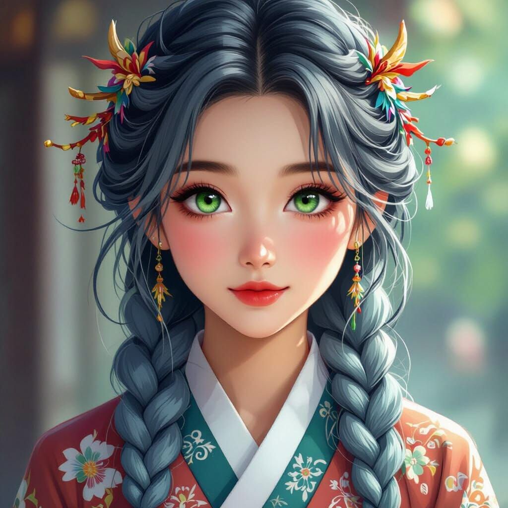 Korean Woman with Green Eyes in Dragon Braid