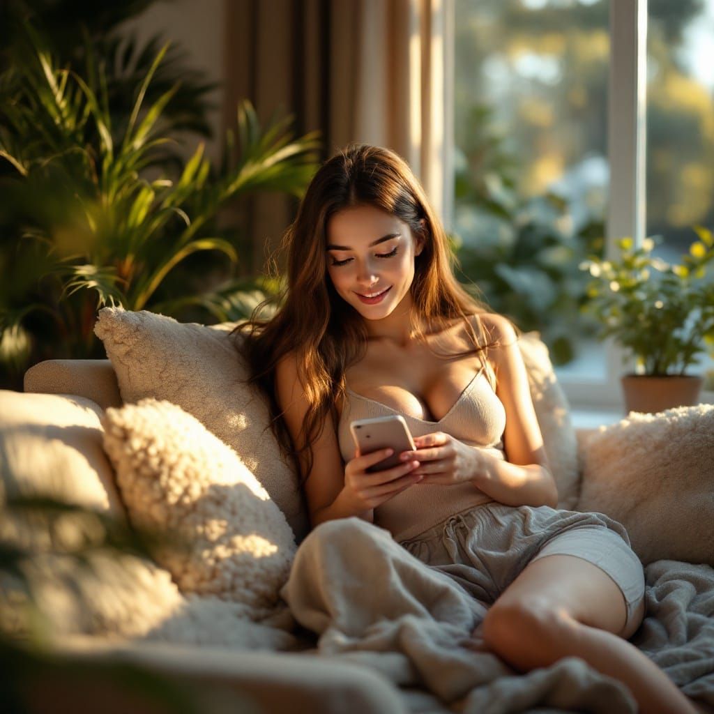A Serene Young Woman in a Cozy, Photorealistic Setting