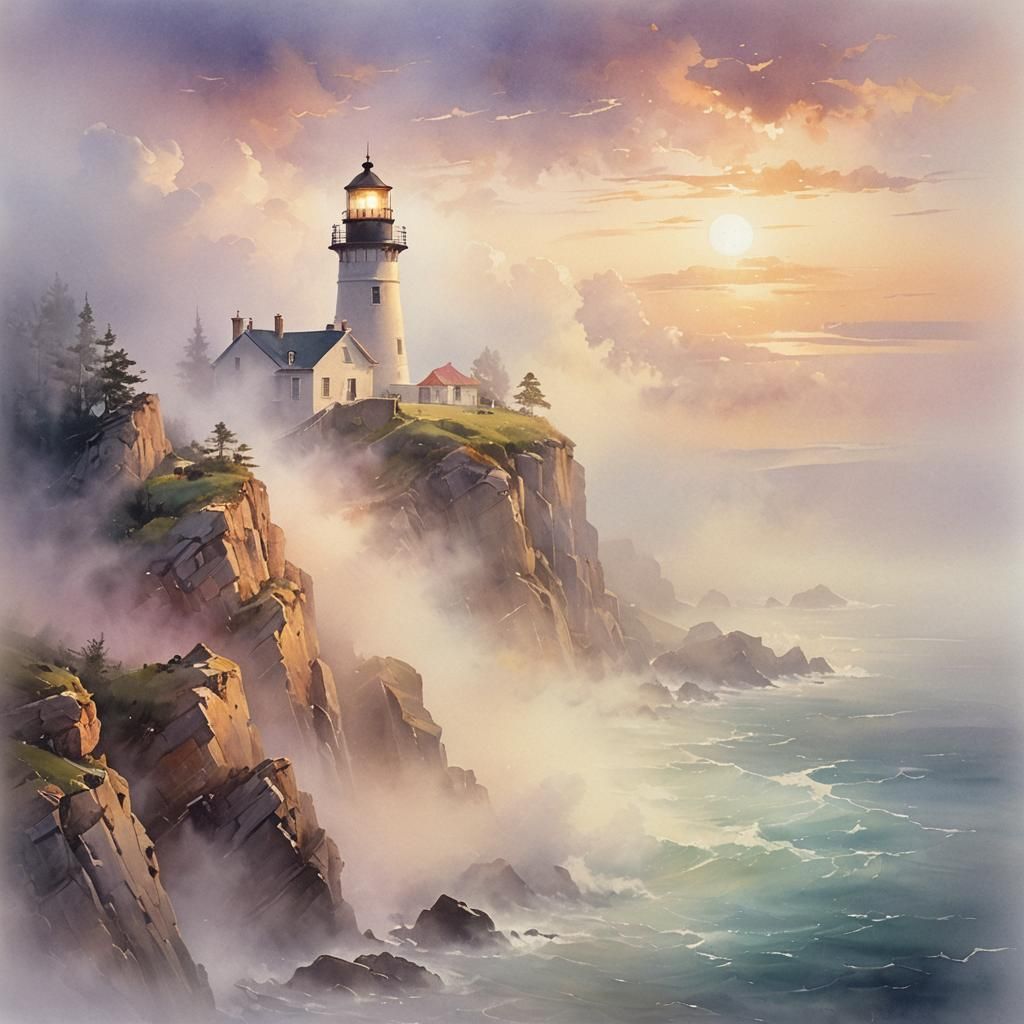 Lighthouse in Fog: Ethereal Watercolor Painting