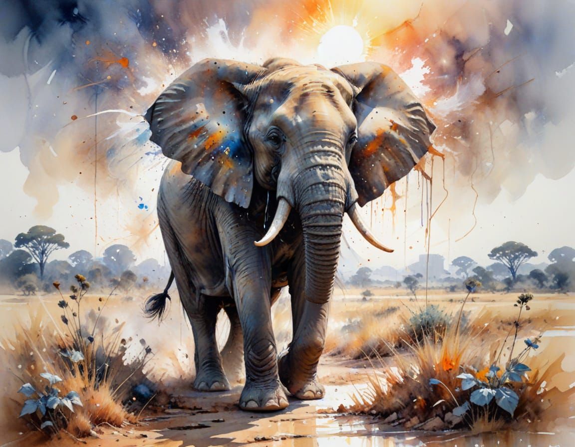 Ethereal Elephant in Sun-Scorched Savannah Watercolour