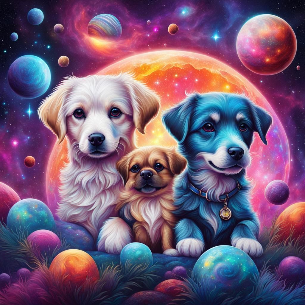 Astral Cosmic Dogs: Holographic Mixed Media Illustration
