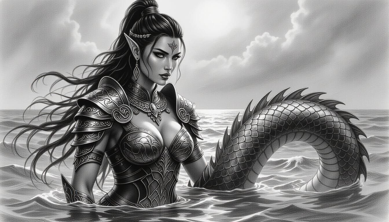 Naga Warrior Emerges from Ocean in Detailed Charcoal Drawing