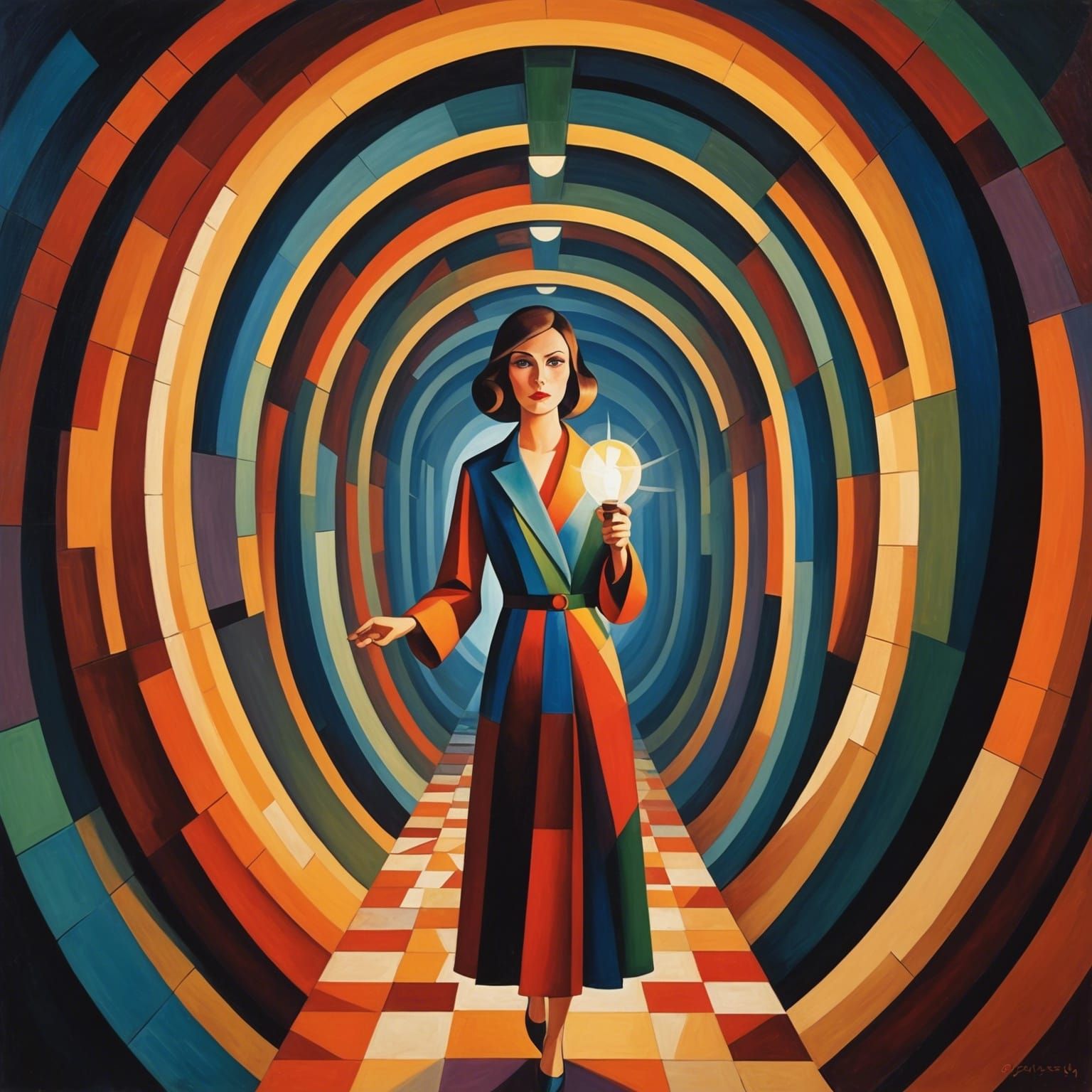 Girl with Flashlight: Abstract Cubism Tunnel