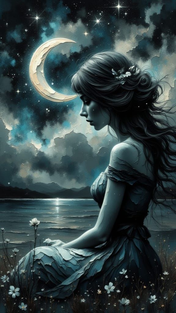 Sad Girl Crying Under the Moon in Water-Ink Style