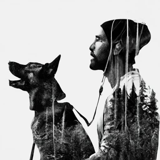 Man and Dog Double Exposure in Forest