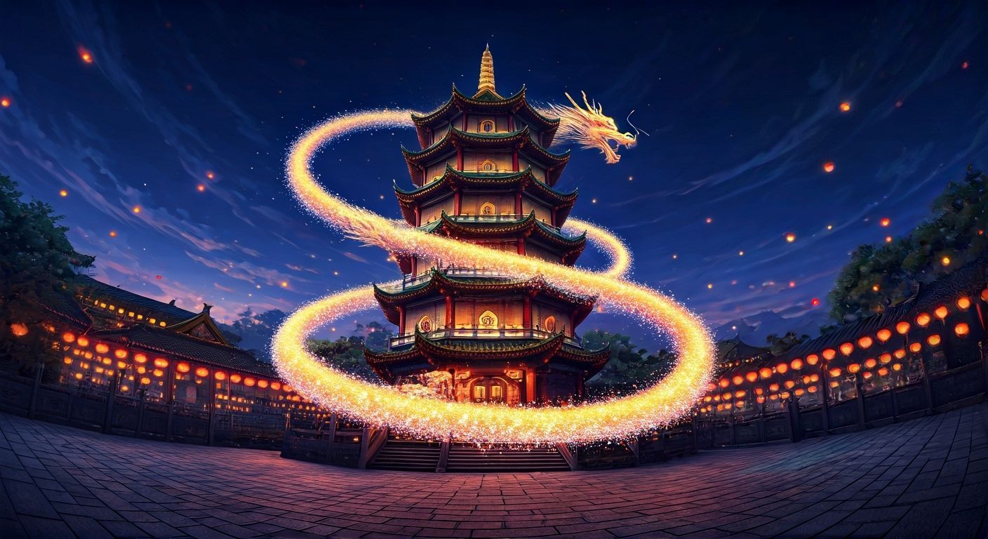 Magic Pagoda Amidst Dragon-Filled Lantern Festival