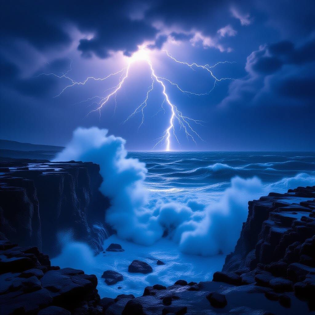 Hyperrealistic Stormy Ocean Cliffside View with Lightning