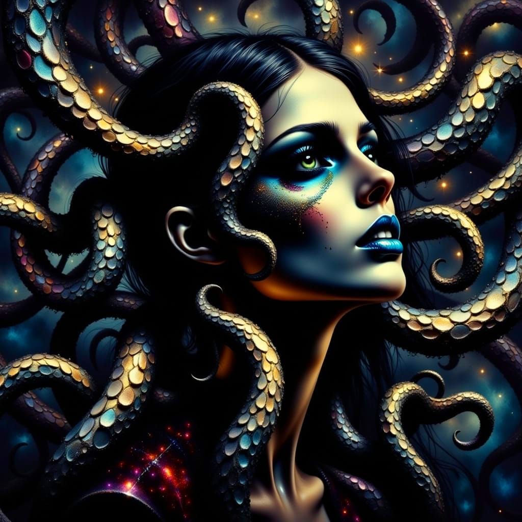 Surreal Starry Night in a Dark, Dystopian Landscape