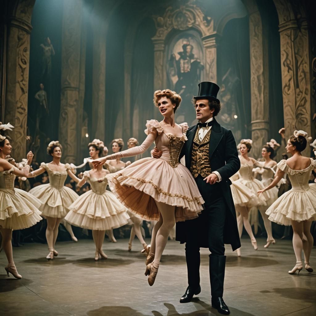 Cinematic Film Still of Eisenstein and Ballerinas