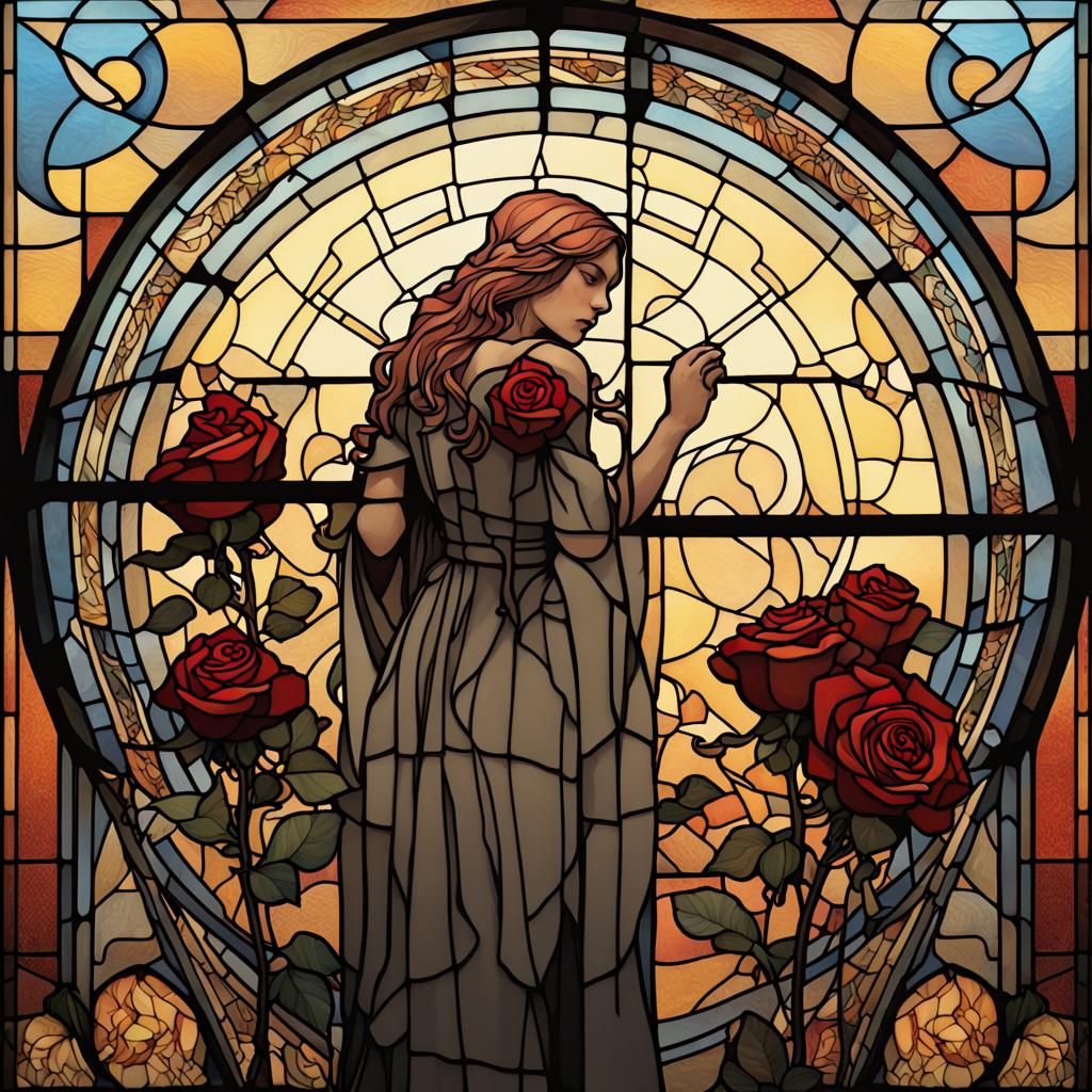Art Nouveau Stained Glass Window with Roses