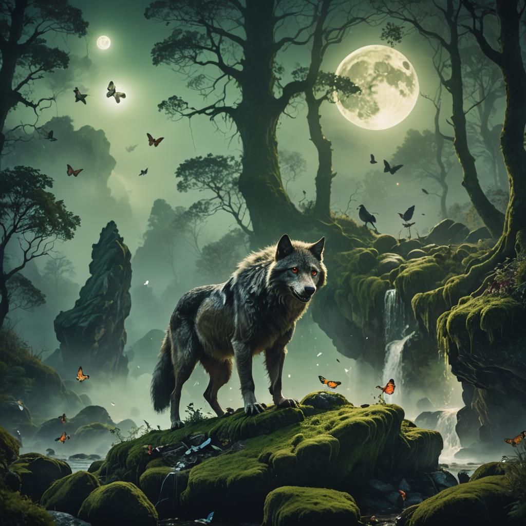 Ethereal Werewolf in a Mystical Forest Landscape