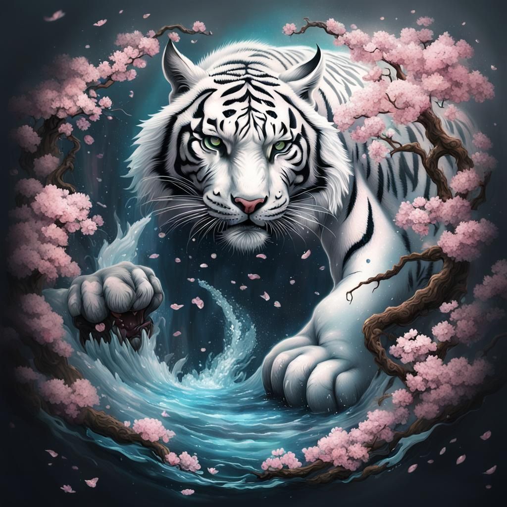 White Tiger and Dragon Back Tattoo in Splash Art
