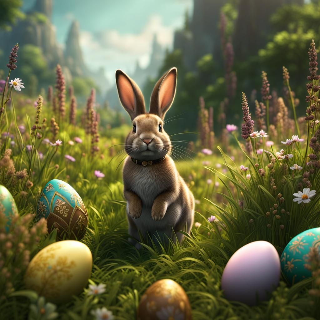 Bunny and Easter Eggs in Meadow