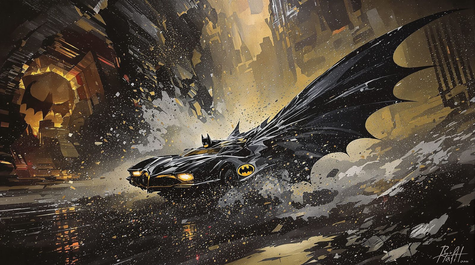 Batman Drifts Batmobile in Batcave as Epic Oil Painting