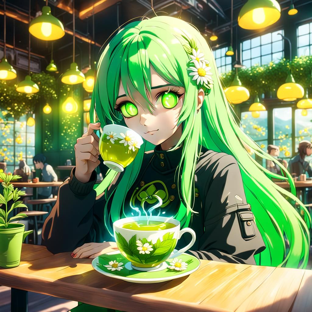 Anime Girl Sipping Tea in Biophilic Cafe