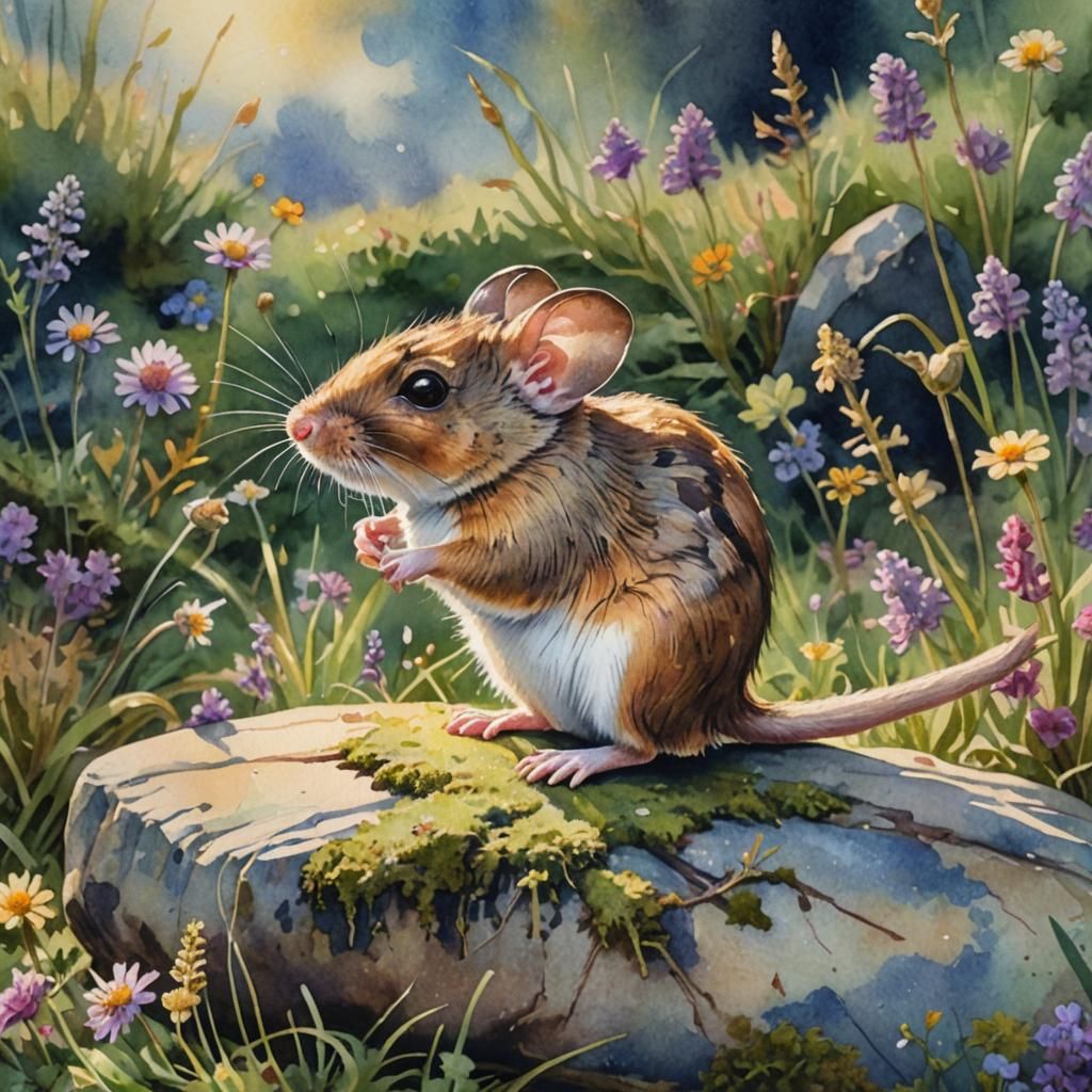 Woodmouse in English Meadow: Watercolour Illustration